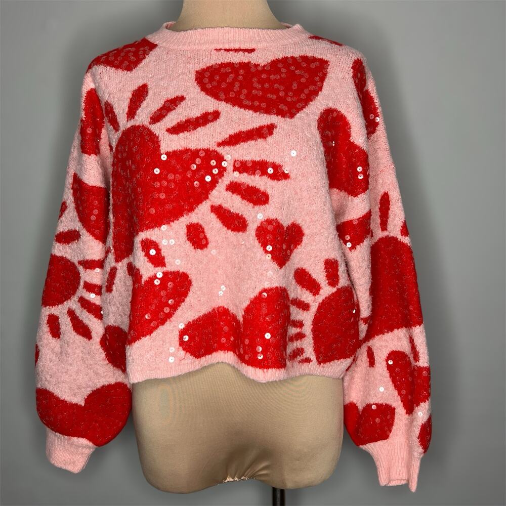 Luna Ivy Sweater Large Womens Red Pink Heart Print Sequin Relaxed Crew Neck Knit